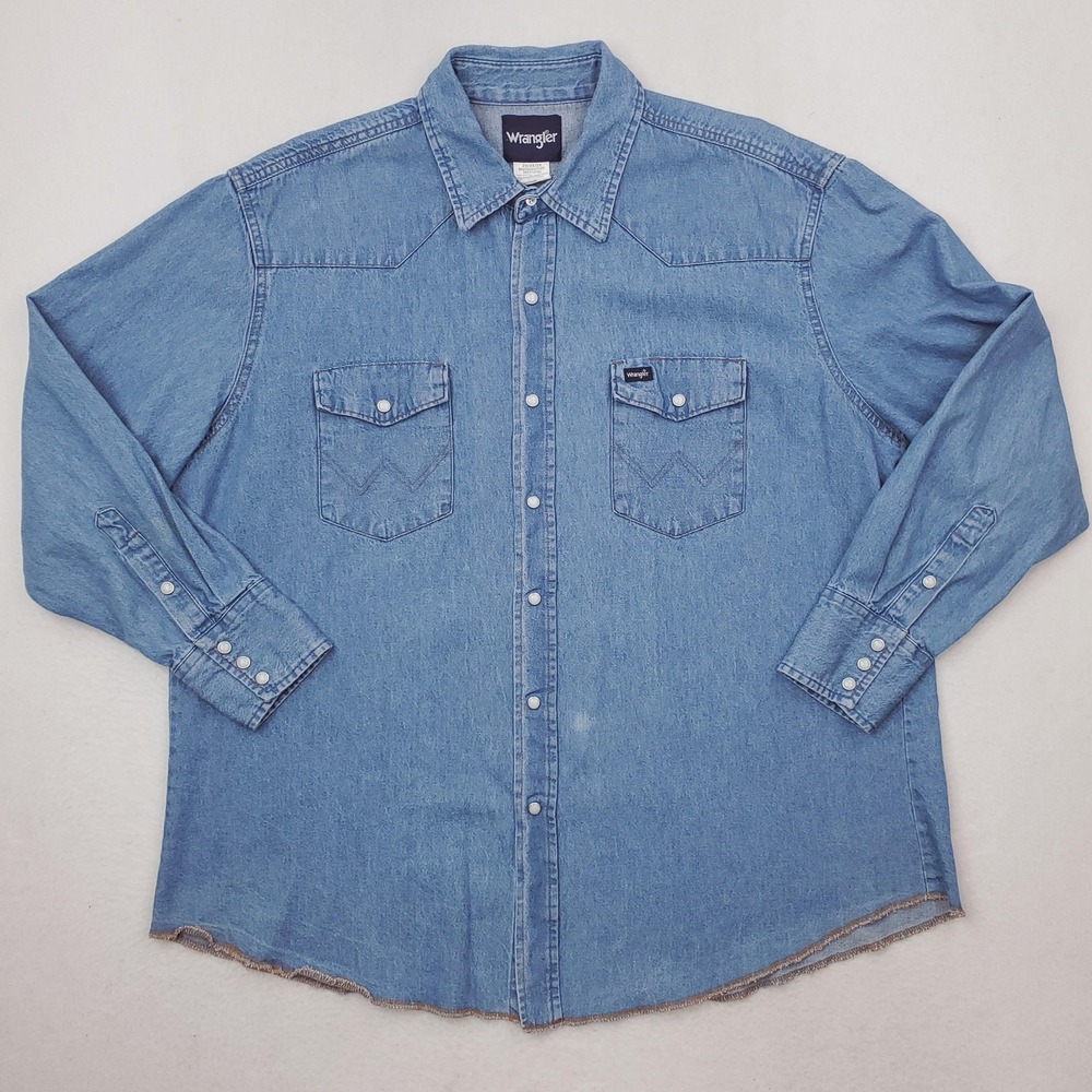 Wrangler Shirt Mens Big 2X Blue Denim Western Cowboy Pearl Snap Long Sleeve